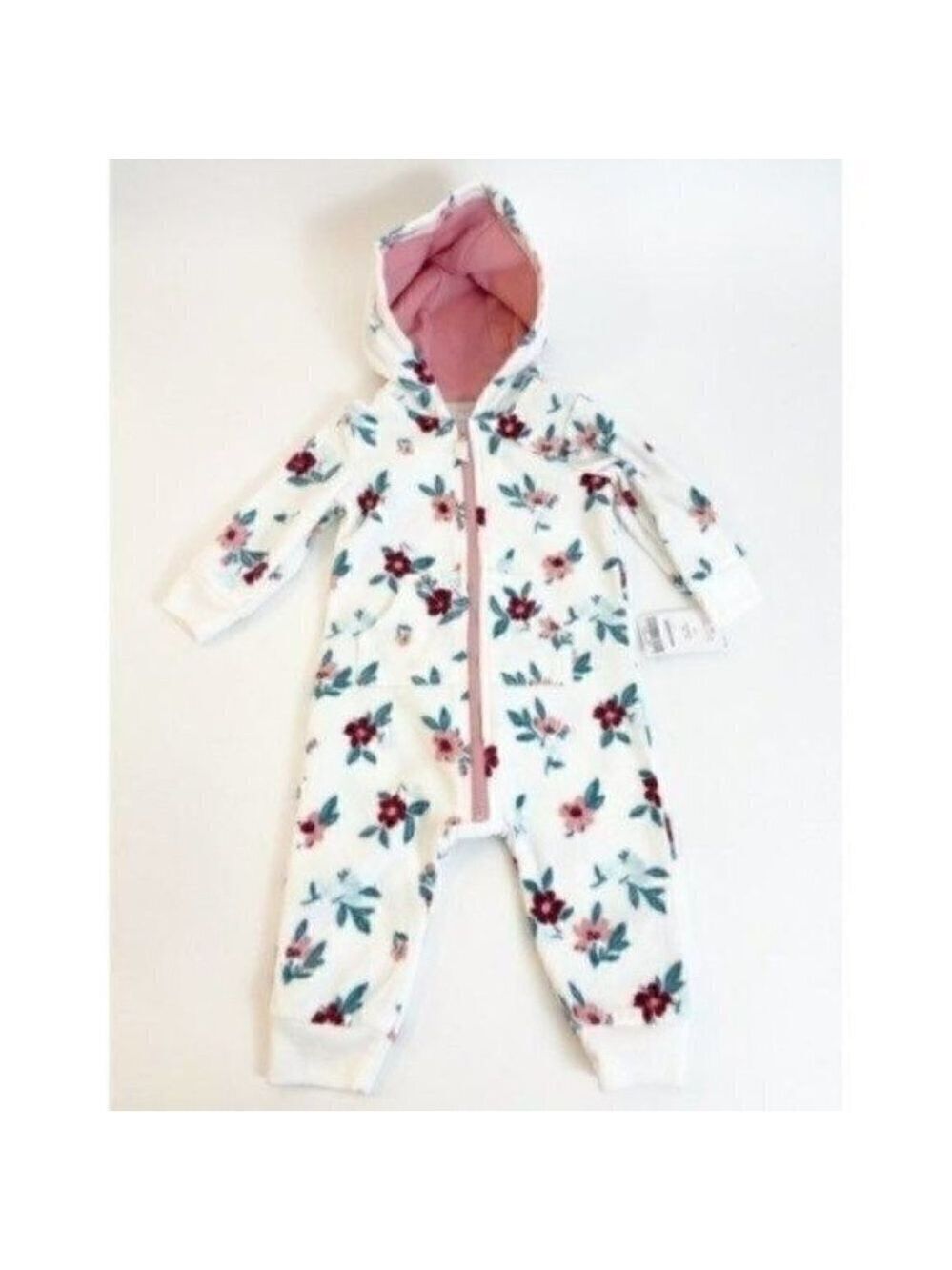 Carter’s baby Fleece one piece floral outfit size 6 months hooded full zip